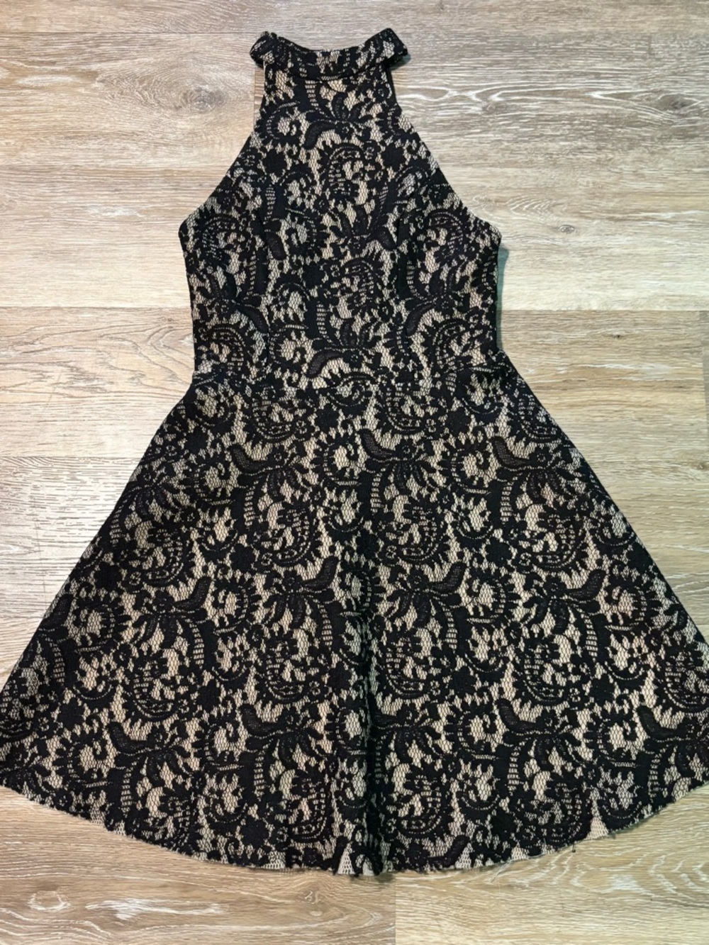 Charlotte Russe Black Lace Overlay Fit & Flare Dress with Nude Lining